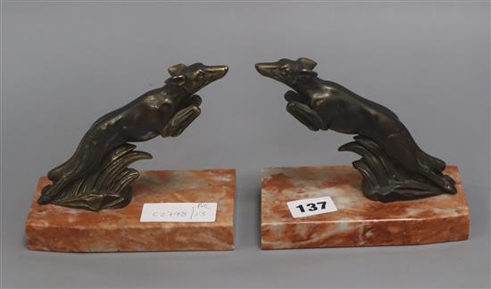 A pair of French bronzed spelter greyhound bookends